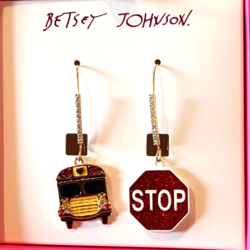 Betsey Johnson Back to School School Bus & Stop Sign Earrings